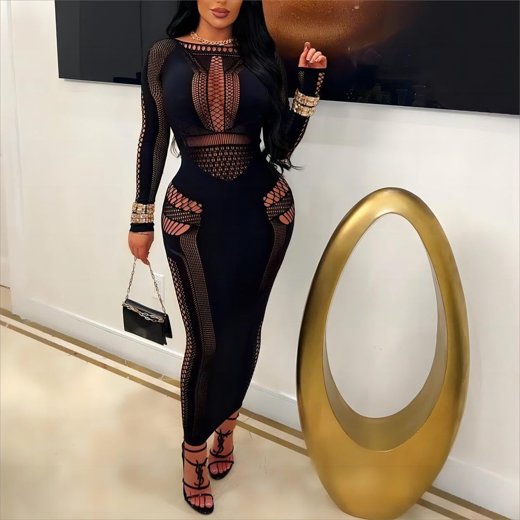 Womens Mesh Bodycon Midi Dress | Stretchy Cutout,Long Sleeve See Through, Suitable For Nightclub, Cocktail Party And Evening Events