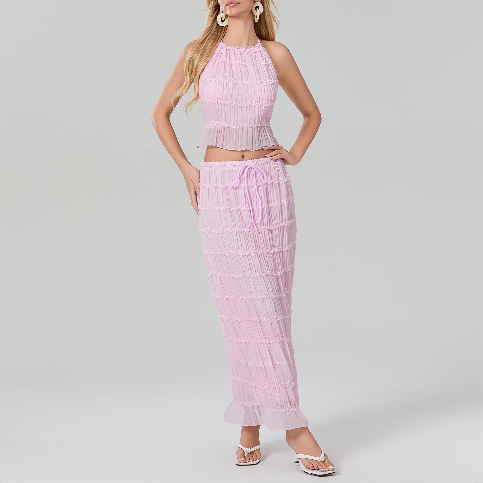 Women Y2K Skirt Set Outfits Strapless Crop Top Bodycon Midi Skirt Dress Sexy 2 Piece Knit Outfits Skirt Summer