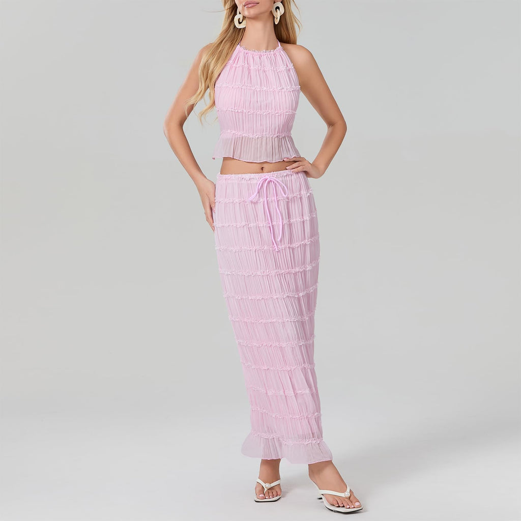 Women Y2K Skirt Set Outfits Strapless Crop Top Bodycon Midi Skirt Dress Sexy 2 Piece Knit Outfits Skirt Summer