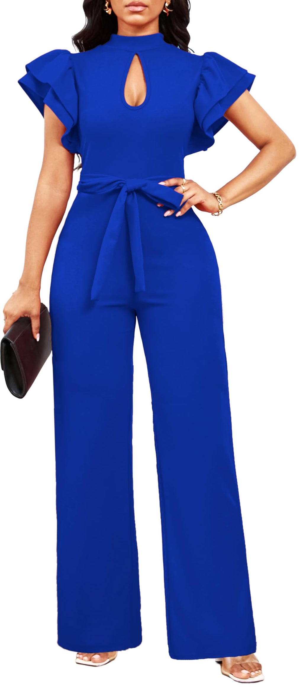SxClub Jumpsuits for Women Dressy Formal Ruffle Long Straight Pants Jumpers | Women's Wedding Guest Jumpsuit Casual Ruffles Cap Short Sleeve Wide Leg Pants Club Outfit