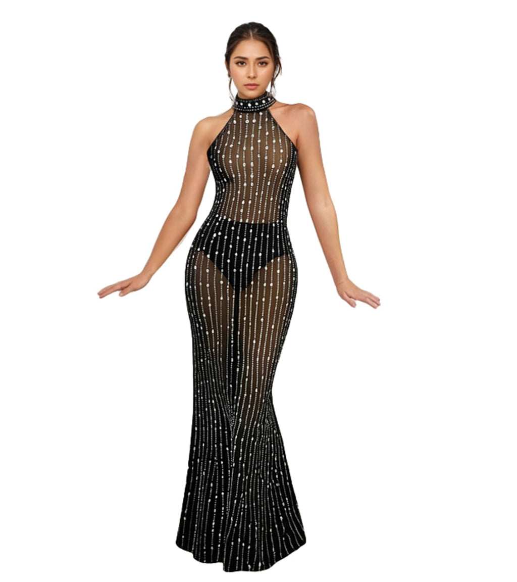 PORRCEY Women's Sexy Elegant Rhinestone Bodycon Dress Hot Drilling Clubwear
