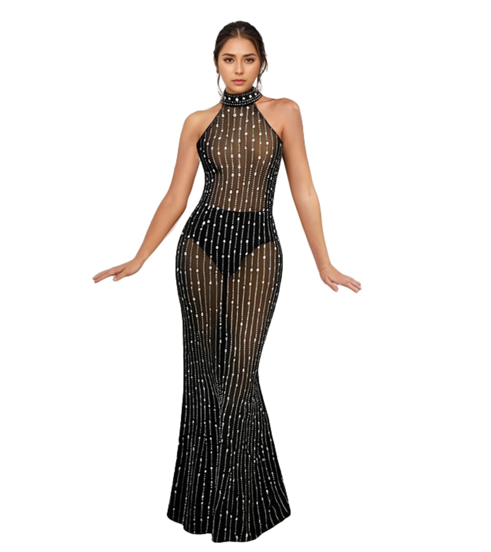 PORRCEY Women's Sexy Elegant Rhinestone Bodycon Dress Hot Drilling Clubwear