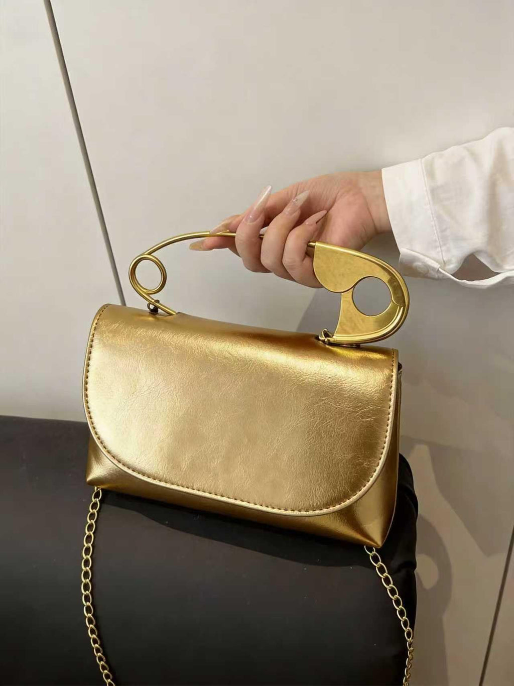 Women's Unique Safety Pin Crossbody Purse | Leather Clutch Bag Gold Handles Chain novelty clutch