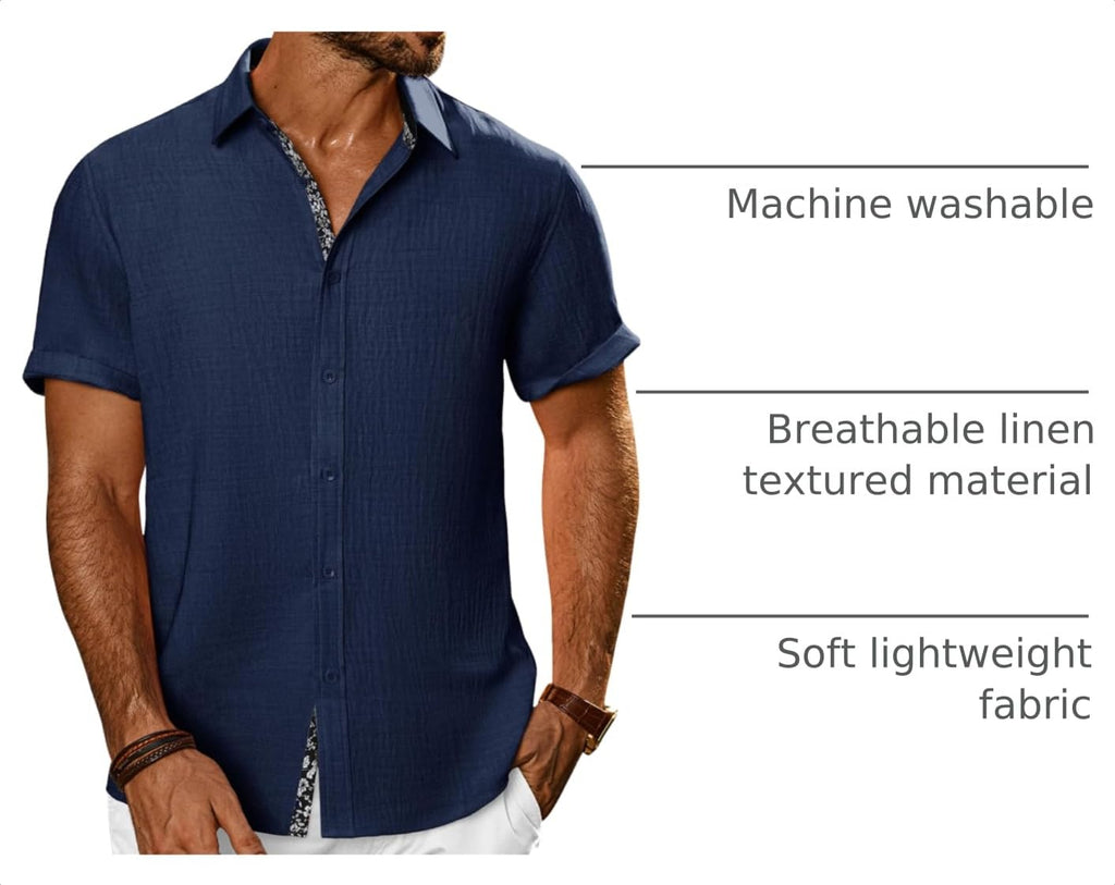 PJ PAUL JONES Mens Short Sleeve Button Down Shirts Casual Summer Clothing | Linen Textured, Summer Beach Vacation Tops, Untucked Dress Shirt, Lightweight, Regular Fit, Fashion Resort Wear