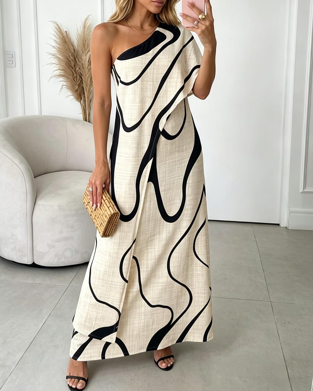 CHICME Maxi Dresses for Women Abstract Print Summer Dress | Womens Summer Dresses, One Shoulder Boho Dress with Pockets, Faux 2 Piece Casual Dresses, Vacation, Beach Dress Wedding Guest