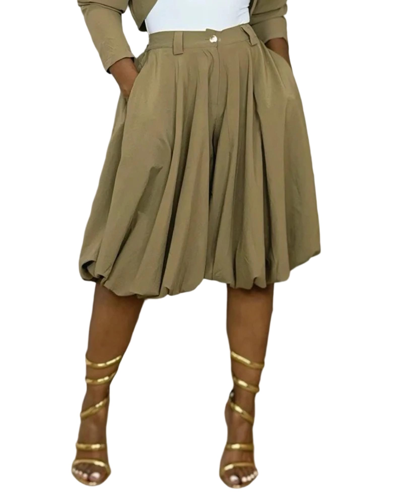 Women's Wide Leg Capri Pants Baggy Pleated Cropped Bubble Pants | High Waisted,with Pockets,Casual,Soft and Lightweight,Skirt Pants,Lantern Balloon Pants