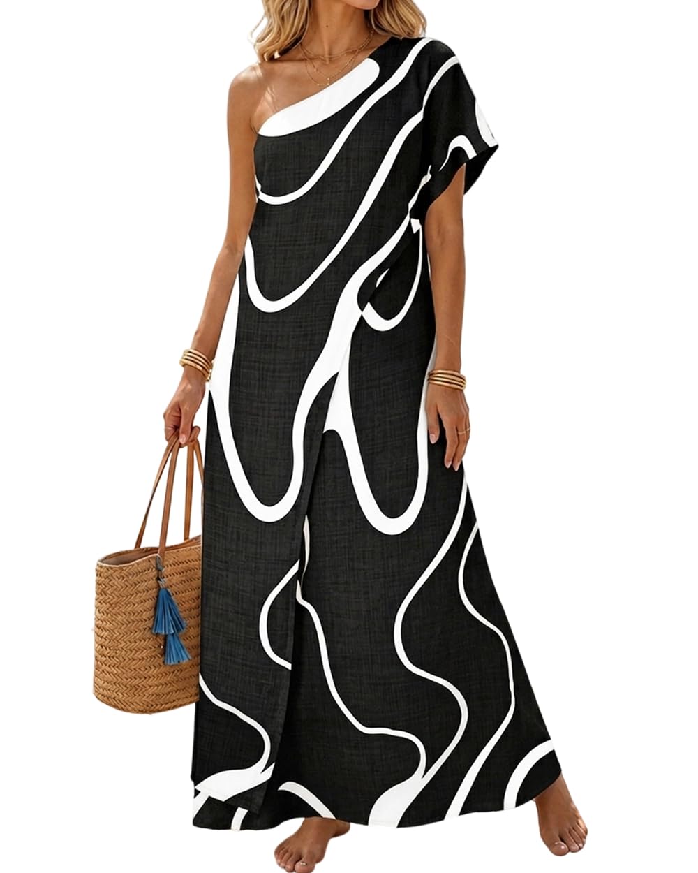 CHICME Maxi Dresses for Women Abstract Print Summer Dress | Womens Summer Dresses, One Shoulder Boho Dress with Pockets, Faux 2 Piece Casual Dresses, Vacation, Beach Dress Wedding Guest