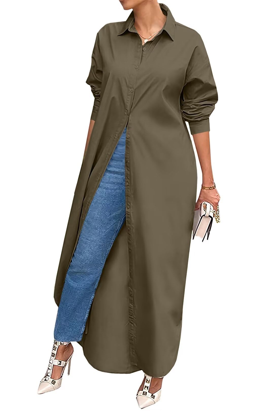 Shirt Dresses for Women Casual Long Sleeve Cotton Button Down Maxi Dresses | Oversized,Solid Color,Loose Fit,Plus Size,Long Shirts,Button Down Dress