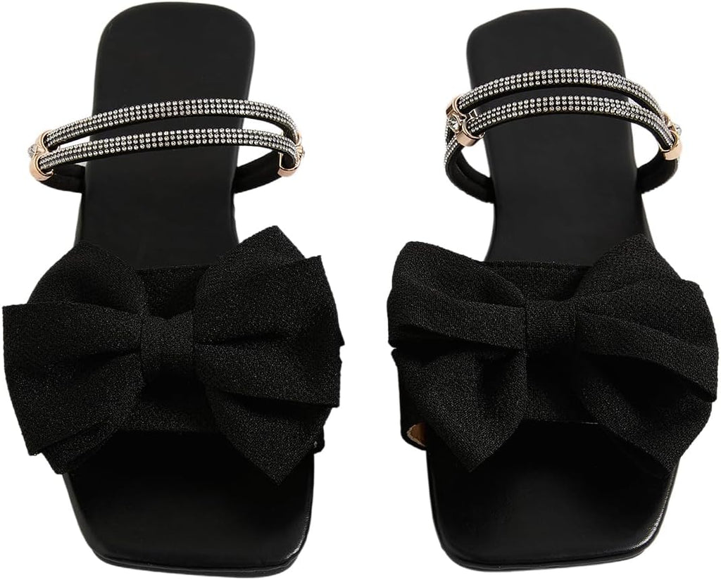 GORGLITTER Women's Bow Flat Sandals Dressy Rhinestone Comfortable Sandals | Cute Slip On Slides, Strappy Flats, Square Toe, Sparkly Dressy Party Wedding Sandals for Bride
