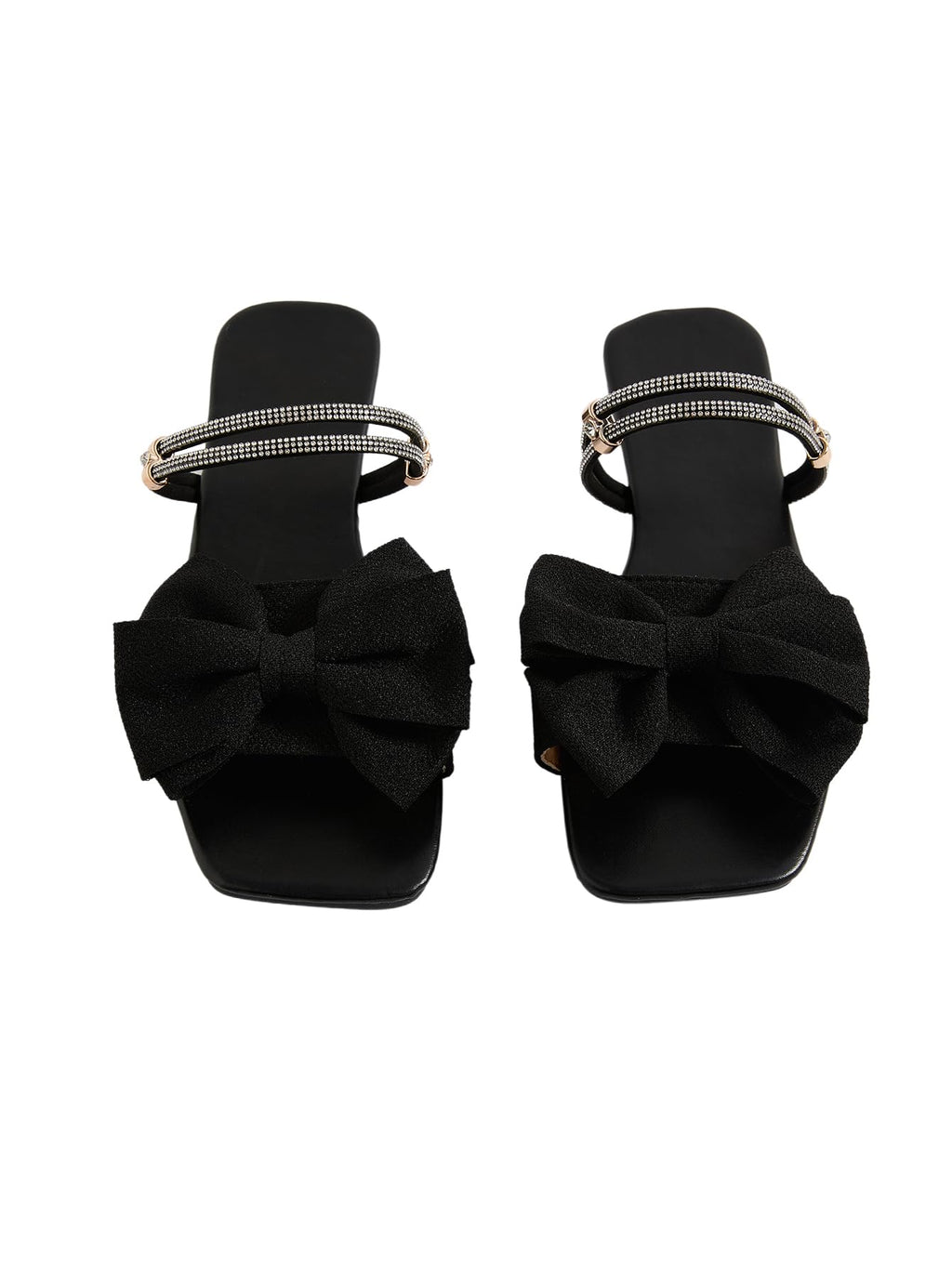 GORGLITTER Women's Bow Flat Sandals Dressy Rhinestone Comfortable Sandals | Cute Slip On Slides, Strappy Flats, Square Toe, Sparkly Dressy Party Wedding Sandals for Bride