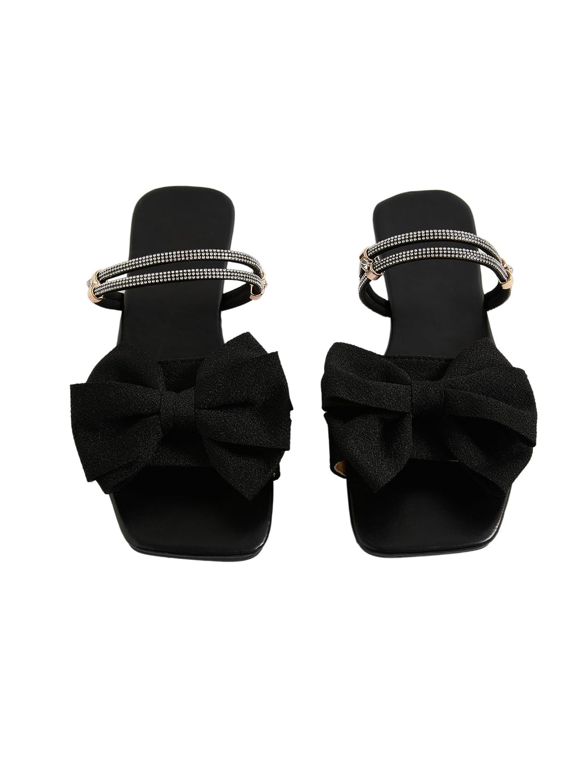 GORGLITTER Women's Bow Flat Sandals Dressy Rhinestone Comfortable Sandals | Cute Slip On Slides, Strappy Flats, Square Toe, Sparkly Dressy Party Wedding Sandals for Bride