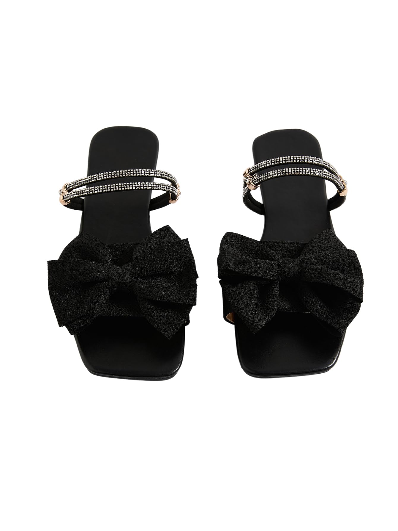 GORGLITTER Women's Bow Flat Sandals Dressy Rhinestone Comfortable Sandals | Cute Slip On Slides, Strappy Flats, Square Toe, Sparkly Dressy Party Wedding Sandals for Bride