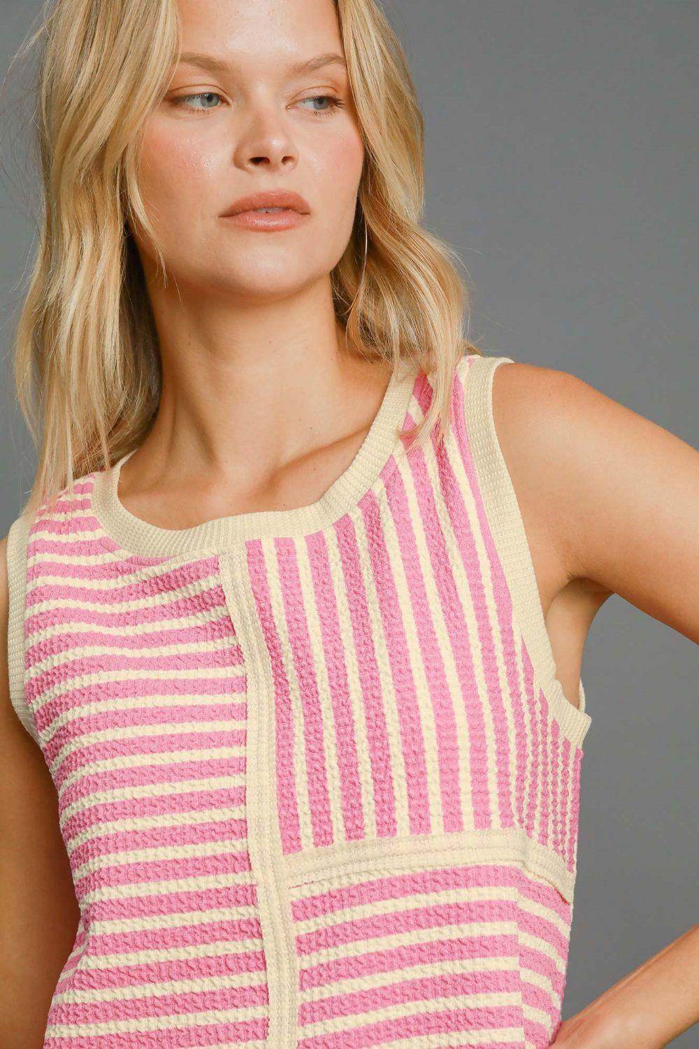 Umgee Round Neck Texture Striped Tank for Casual Style