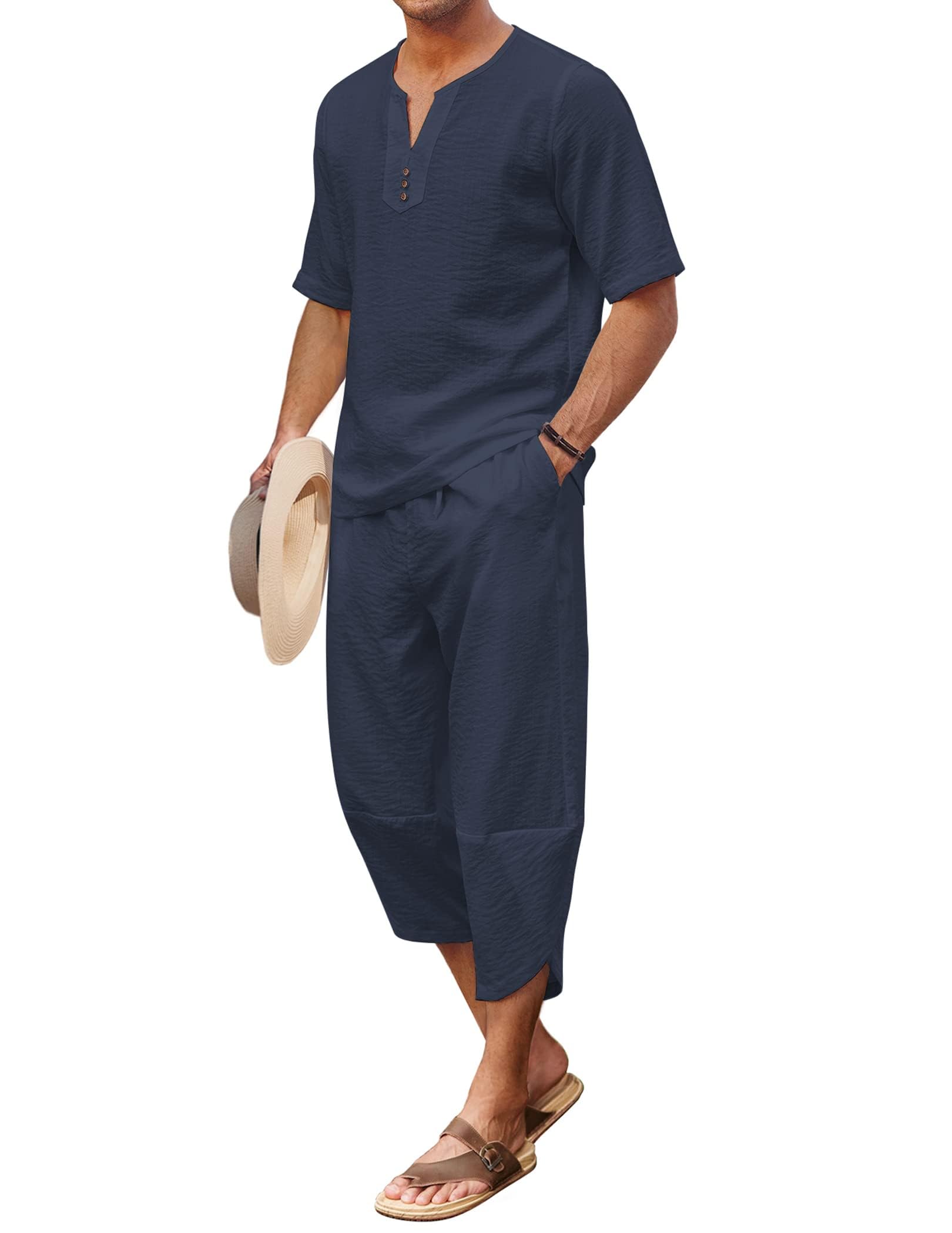 COOFANDY Men's 2 Pieces Linen Set Henley Shirt Short Sleeve and Harem Capri Pants Wide Leg Baggy Beach Yoga Trousers Outfits