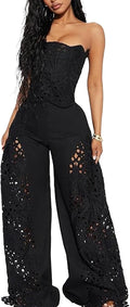 Mandonce 2 Piece Sets for Women Off Shoulder Lace Tube Top and Lace Flowy Wide Leg Pants Beach Vacation Sexy Outfit Going Out