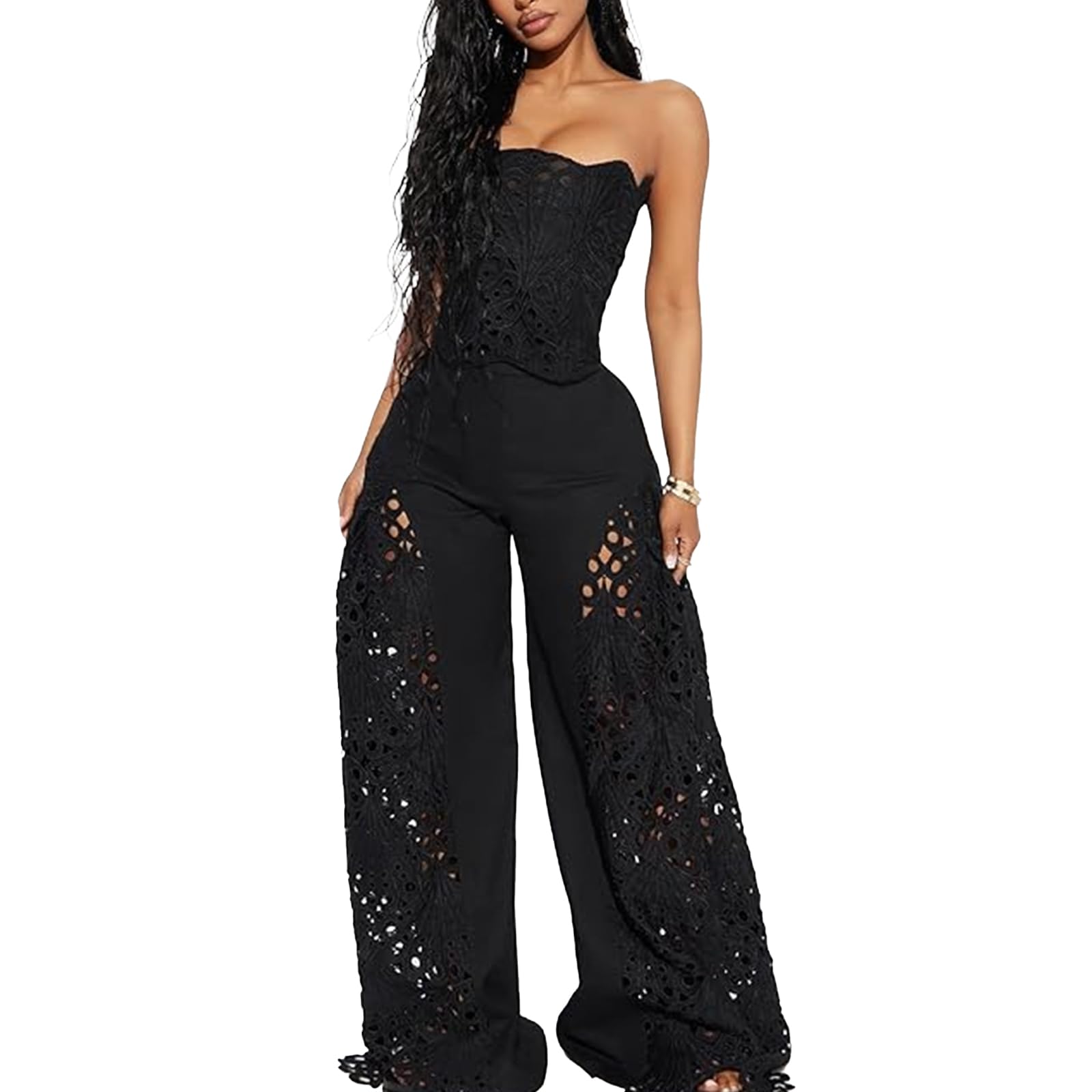 Mandonce 2 Piece Sets for Women Off Shoulder Lace Tube Top and Lace Flowy Wide Leg Pants Beach Vacation Sexy Outfit Going Out
