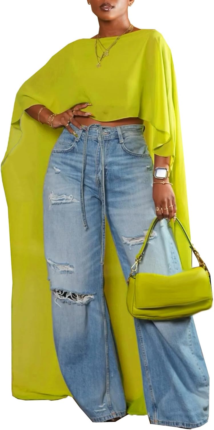 YOOTIKO Women Mesh Crop Cape Top Batwing Sleeve High Low Flowy Poncho Tops | See Through,Beach Coverups, Going Out Wear,Loose Fit