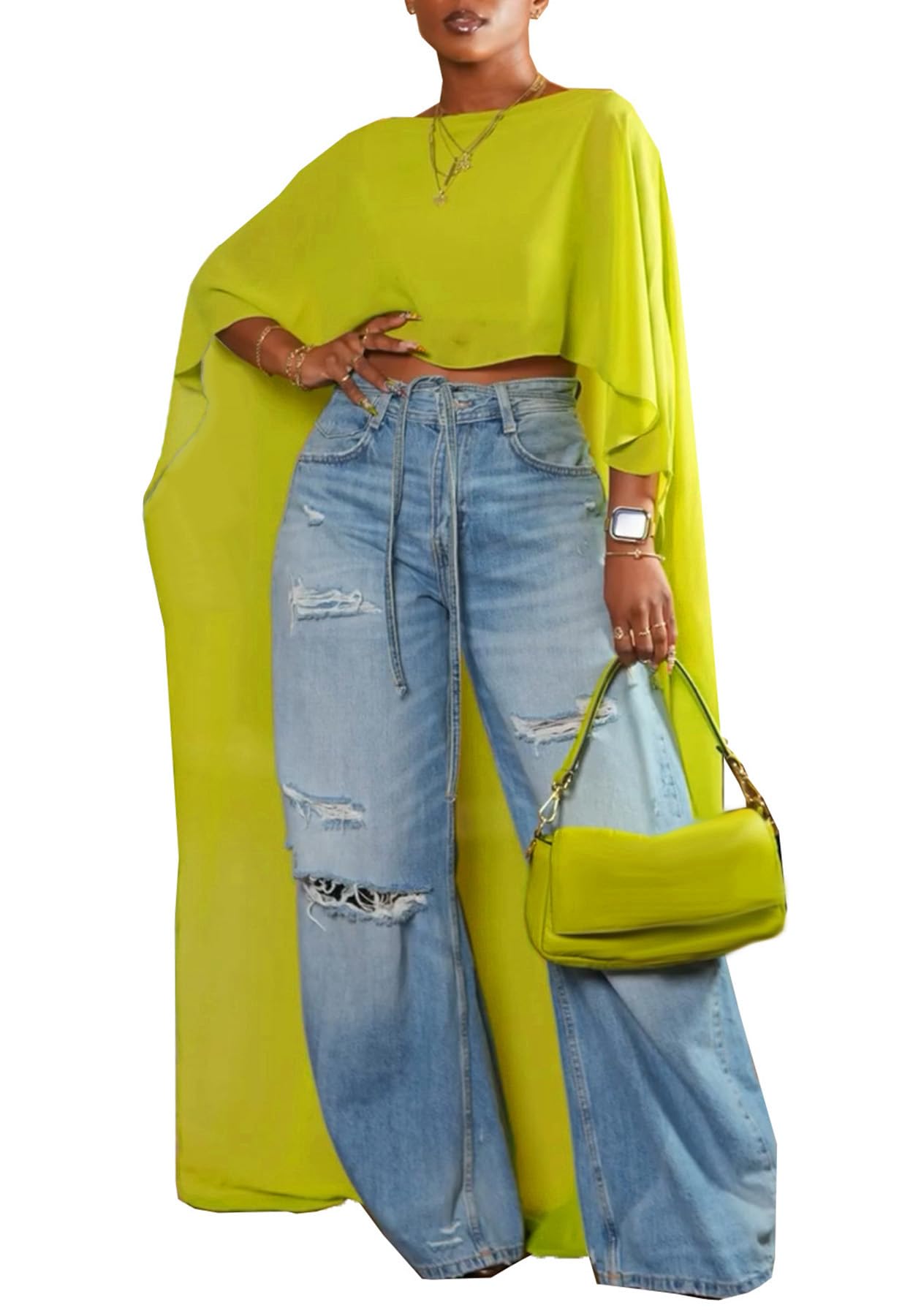 YOOTIKO Women Mesh Crop Cape Top Batwing Sleeve High Low Flowy Poncho Tops | See Through,Beach Coverups, Going Out Wear,Loose Fit