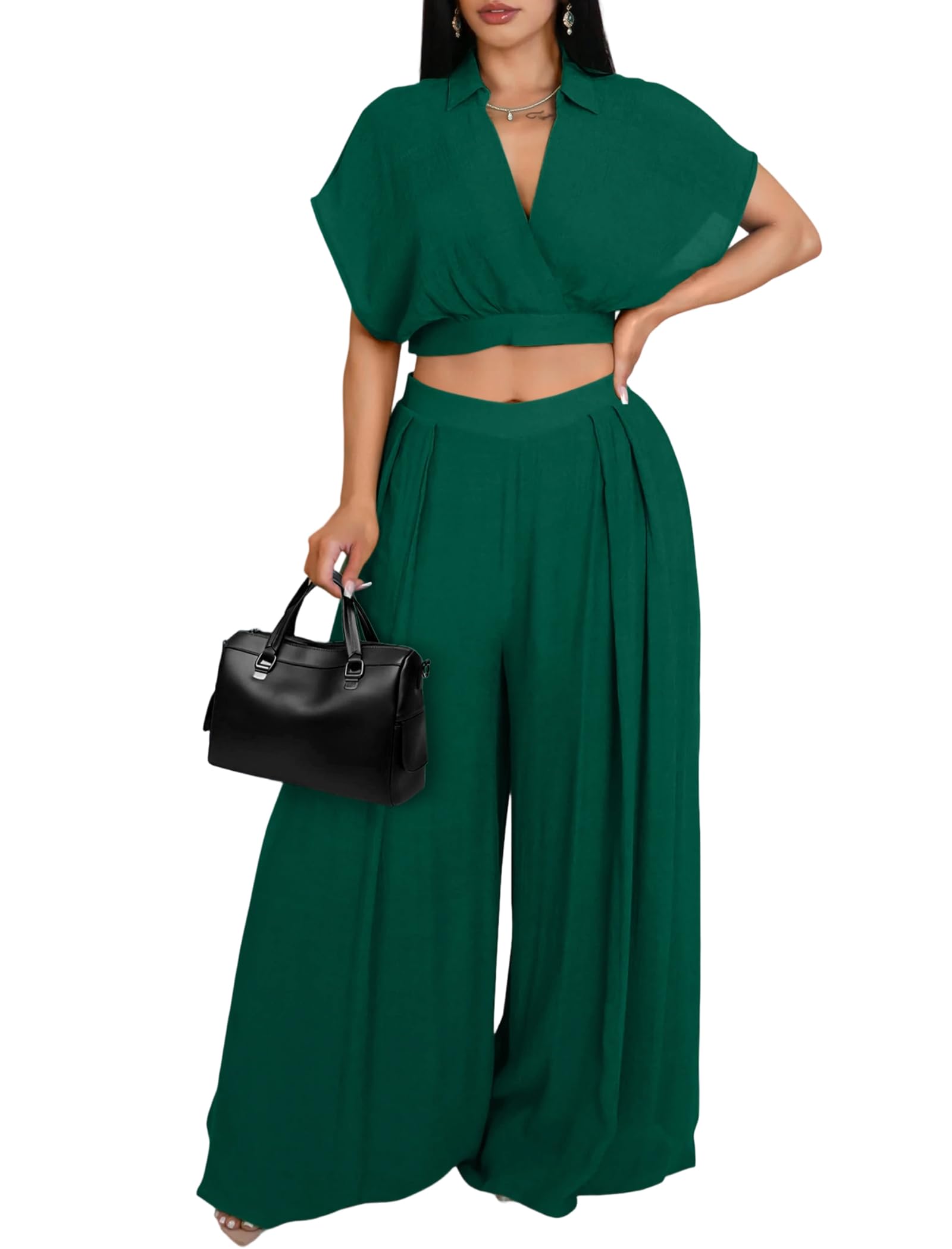 Ekaliy Women Two Piece Crop Top Flowy Wide Leg Pants Set Summer Outfits | Lightweight breathable fabric,batwing V-neck crop top,elastic waist wide leg lined pants with pockets for casual wear.