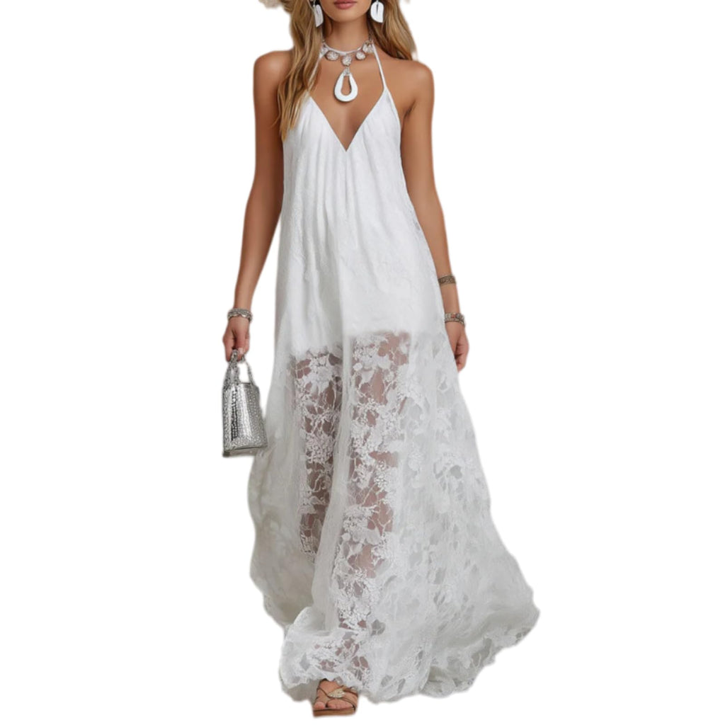 Women's Washed Faux Denim Patchwork Maxi Dress with Sheer Layered Skirt Hem Swing Ruffle Jean Dress for Casual Vacations