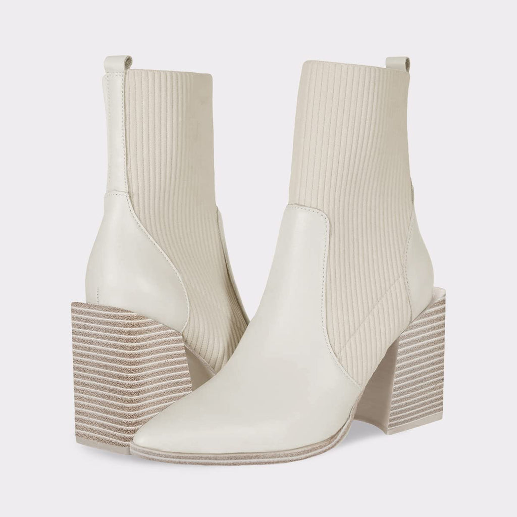Womens Chunky Stacked Heel Ankle Boots Pointed Toe Booties Slip On Ribbed Knit Sock Boot