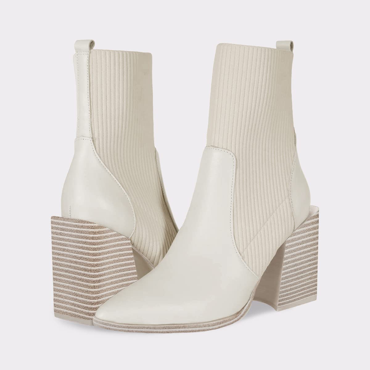 Womens Chunky Stacked Heel Ankle Boots Pointed Toe Booties Slip On Ribbed Knit Sock Boot