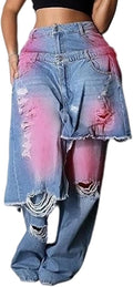 LKOUS Women's Ripped Baggy Jeans High Waist Wide Leg Patchwork Streetwear | Distressed, cutout, Y2K, hip hop, stretchy, soft, pocket, casual, concert, vintage. Machine wash