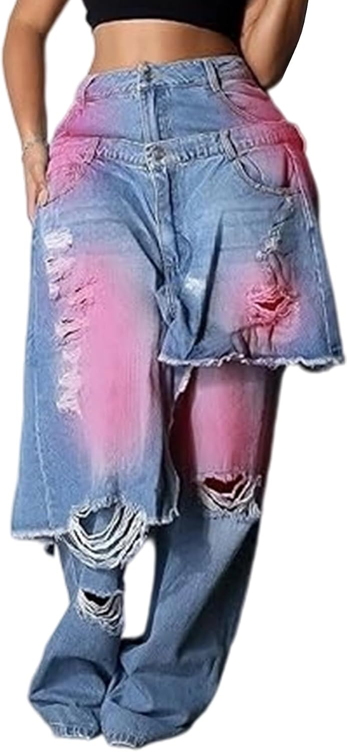 LKOUS Women's Ripped Baggy Jeans High Waist Wide Leg Patchwork Streetwear | Distressed, cutout, Y2K, hip hop, stretchy, soft, pocket, casual, concert, vintage. Machine wash