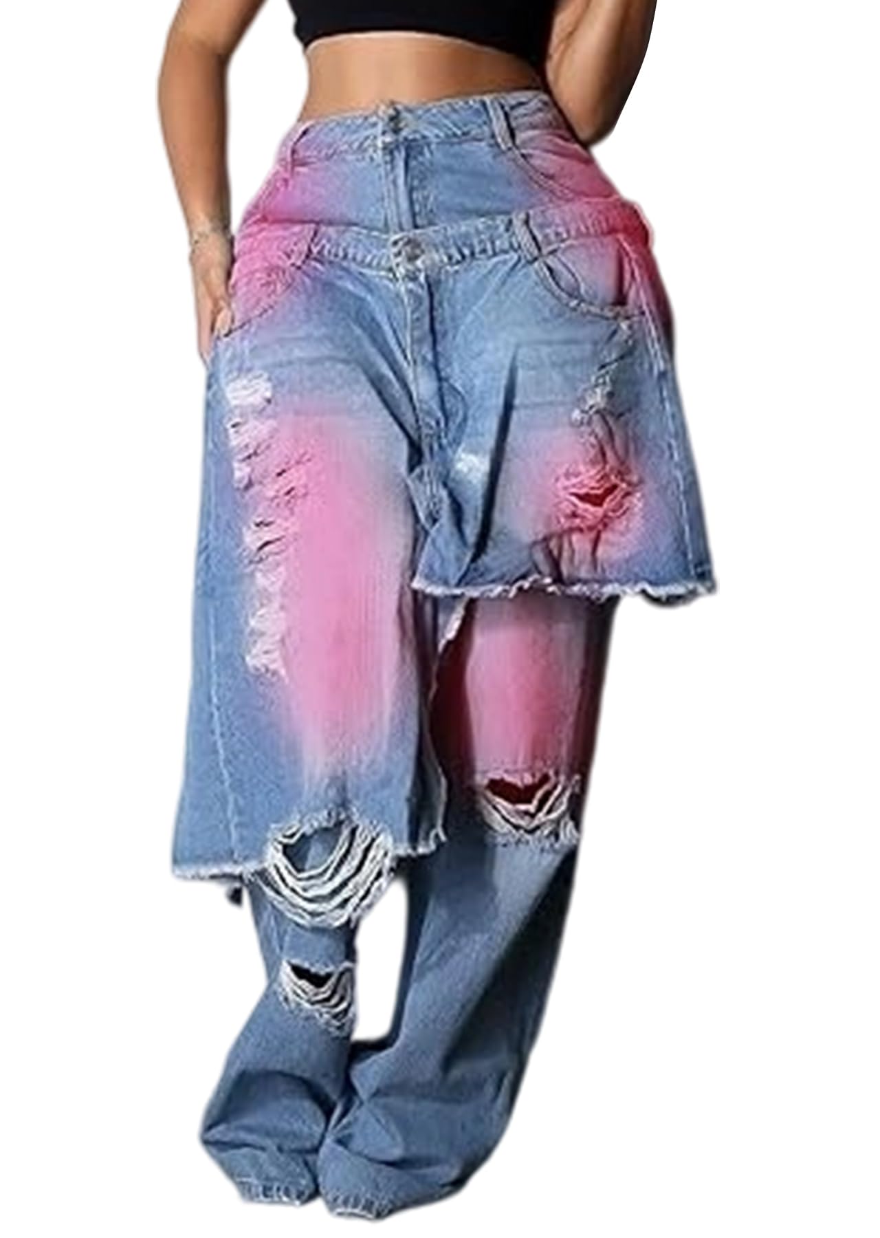 LKOUS Women's Ripped Baggy Jeans High Waist Wide Leg Patchwork Streetwear | Distressed, cutout, Y2K, hip hop, stretchy, soft, pocket, casual, concert, vintage. Machine wash