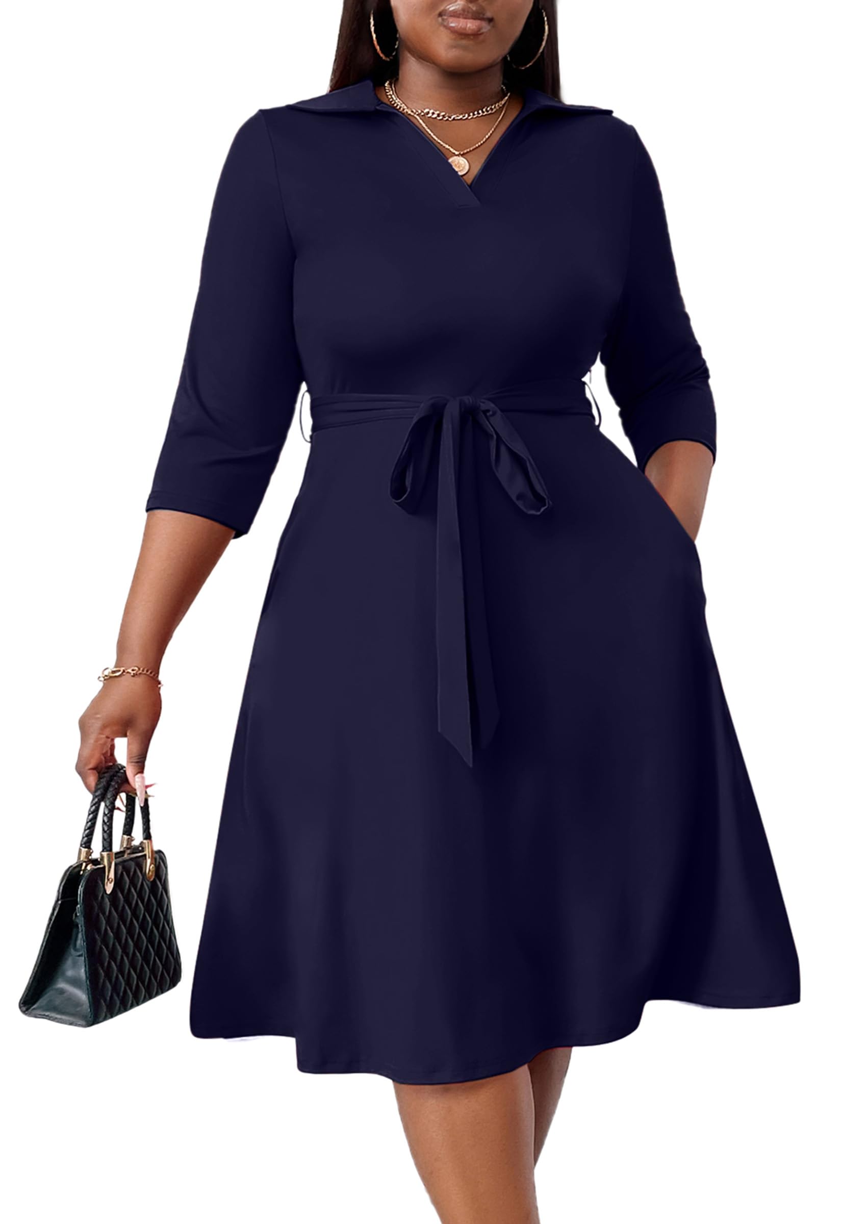 FANDEE Plus Size Midi Dress for Women Casual - Fit and Flare Summer Dresses | Semi Formal,African Print,Polo Collar Cocktail Dress,With Pockets And Belt
