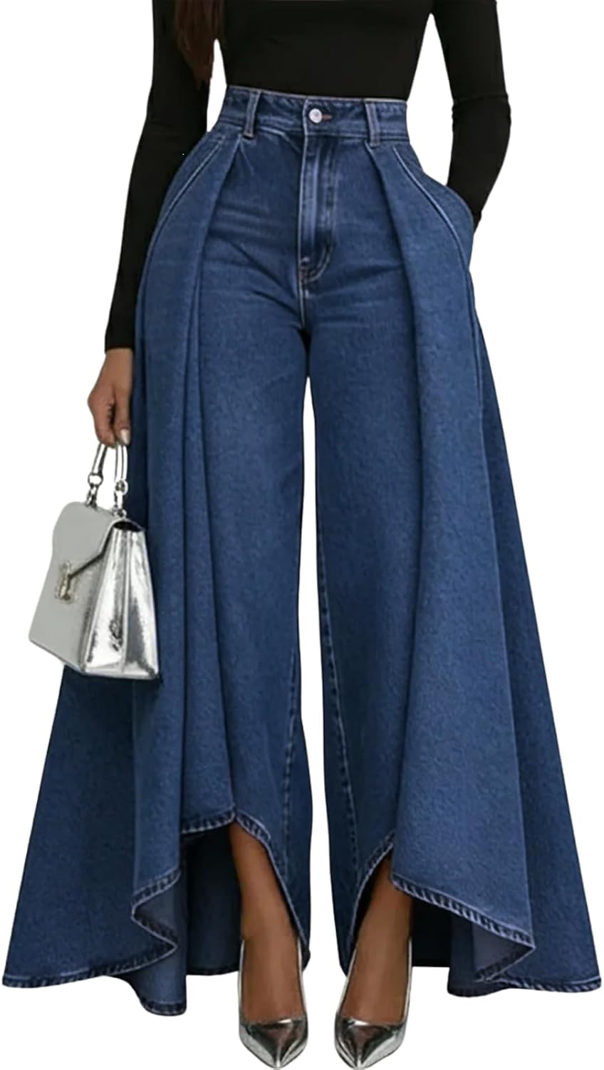 Women's Flowy Jeans with Skirt Overlay Baggy High Waisted Wide Leg Denim Pants Pleated Jeans Streetwear