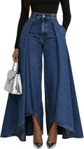 Women's Flowy Jeans with Skirt Overlay Baggy High Waisted Wide Leg Denim Pants Pleated Jeans Streetwear