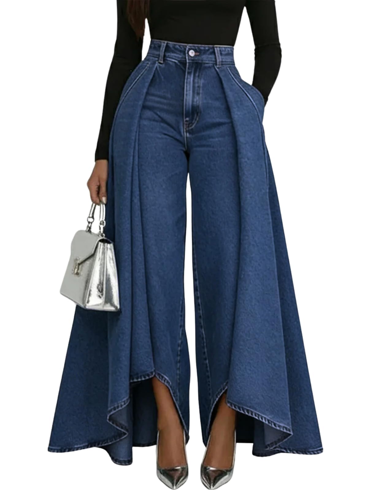 Women's Flowy Jeans with Skirt Overlay Baggy High Waisted Wide Leg Denim Pants Pleated Jeans Streetwear