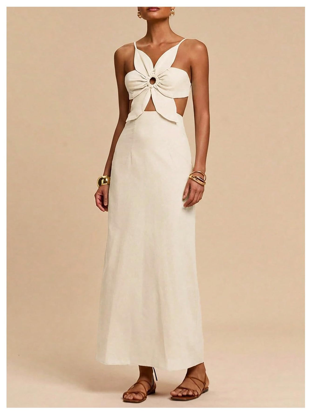SHENHE Women's Petal Backless Linen Maxi Dress Cut Out Vacation Dresses | Keyhole, Spaghetti Strap, Open Back, Long Dress, Zipper, Summer, Date Night, Cami Dresses