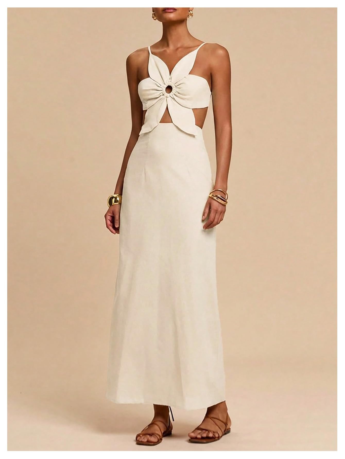 SHENHE Women's Petal Backless Linen Maxi Dress Cut Out Vacation Dresses | Keyhole, Spaghetti Strap, Open Back, Long Dress, Zipper, Summer, Date Night, Cami Dresses
