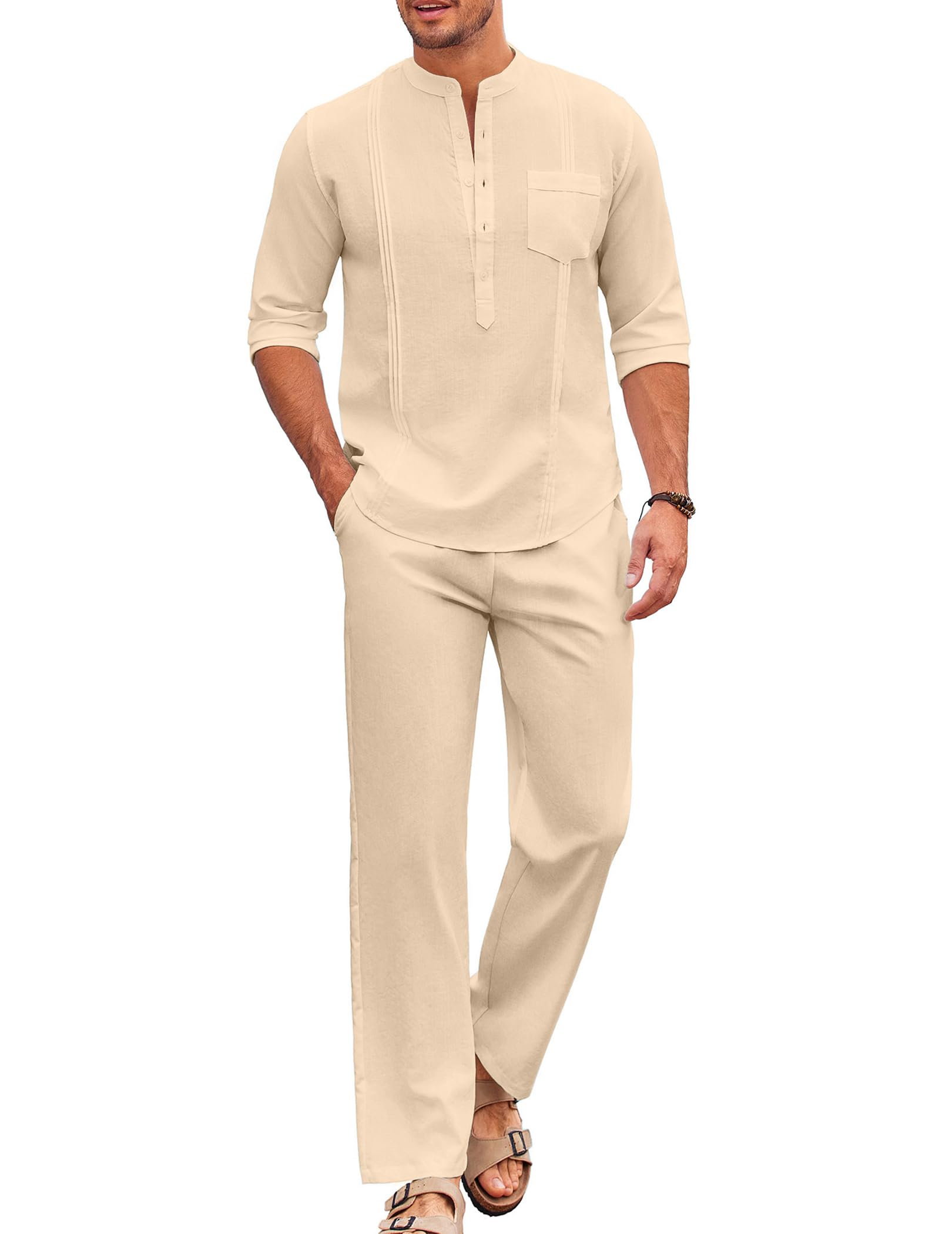 COOFANDY Men's 2 Piece Cotton Sets Casual Long Sleeve Cuban Henley Shirt and Loose Pants Set Beach Vacation Outfits