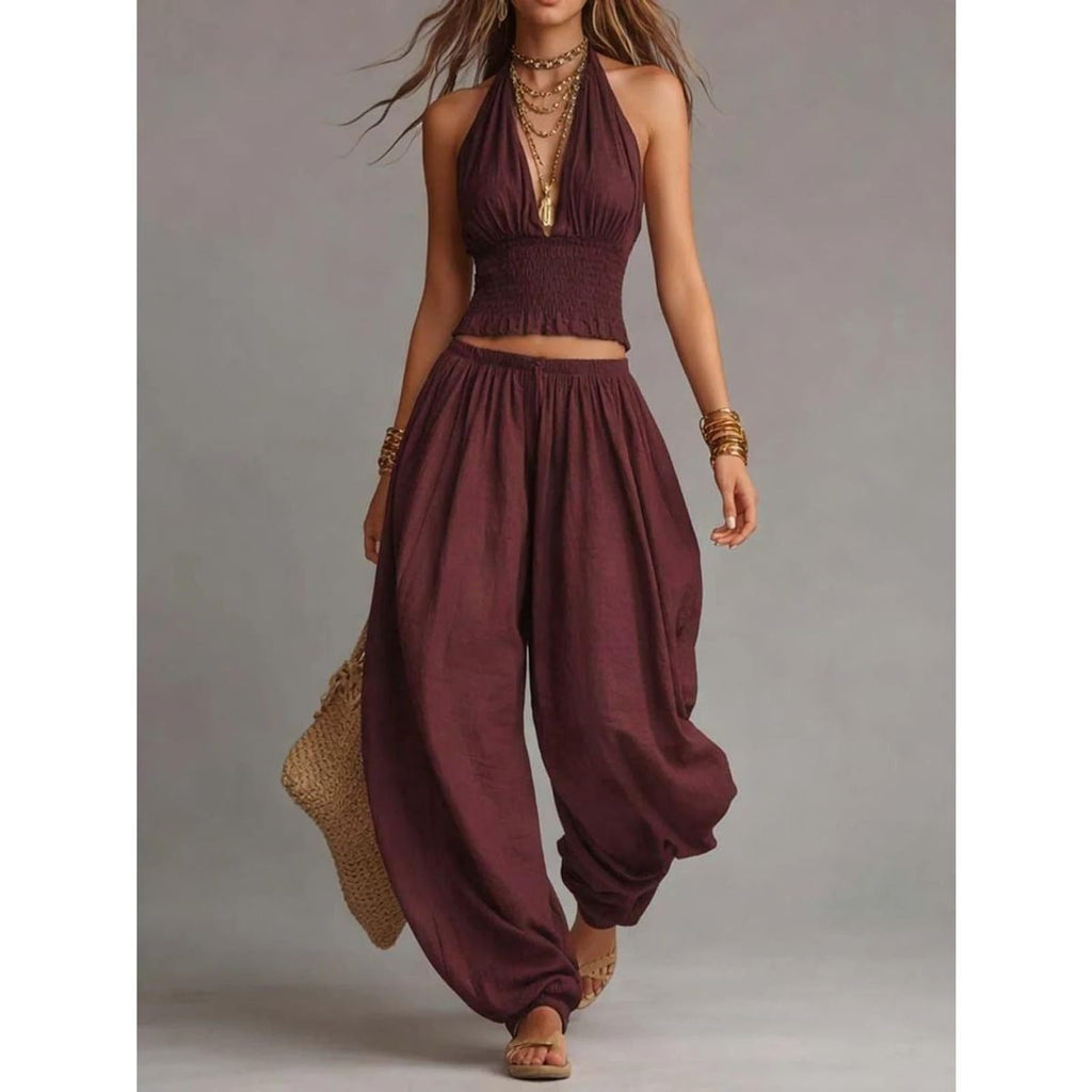 2 Piece Outfit for Women Sleeveless Crop Top and Wide Leg Pants Set Summer Loose Smocked Casual Beach Matching Sets
