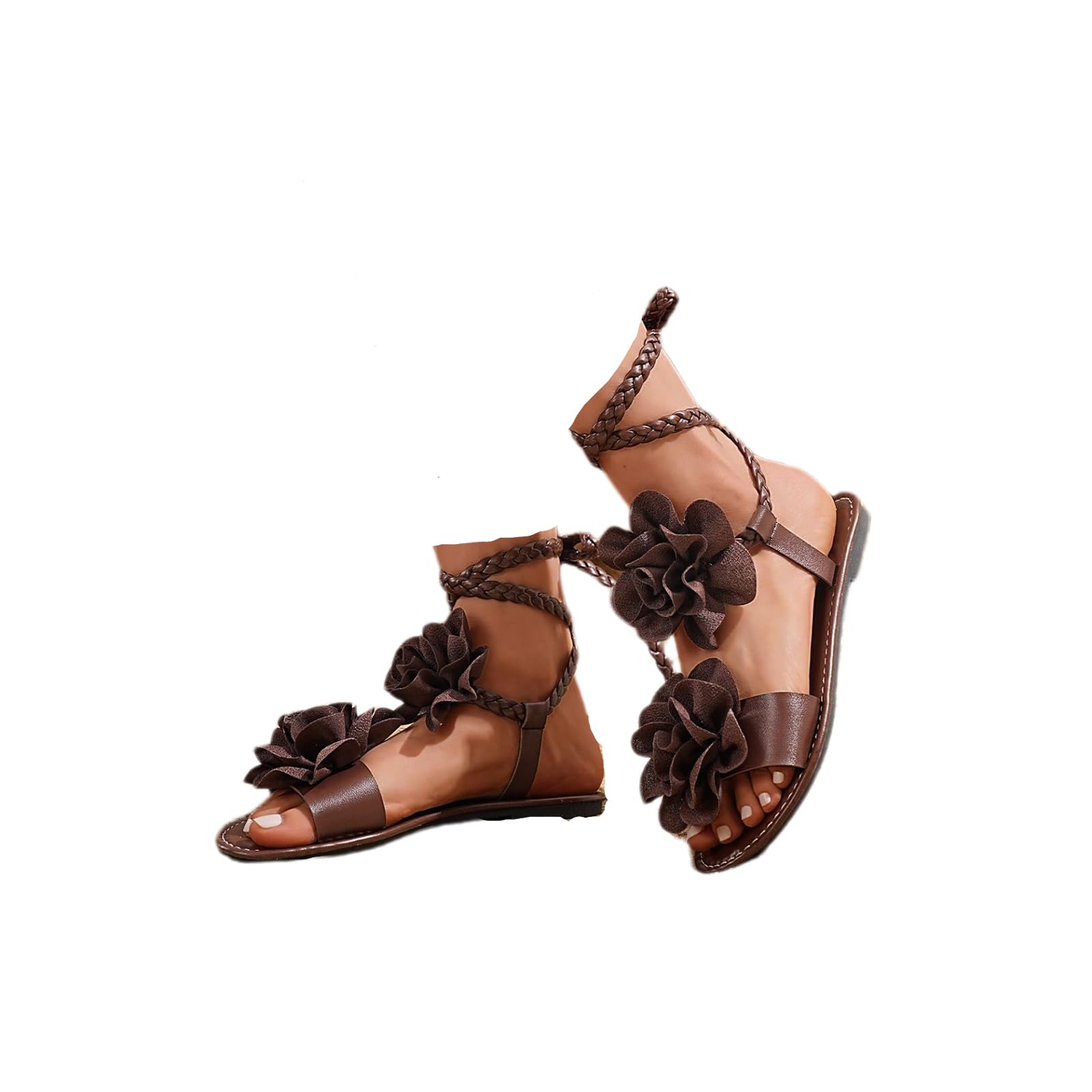 Women’s Strappy Flat Sandals, Lace Up Braided Open Toe Gladiator Sandals with Flower, Comfortable Summer Beach Vacation Shoes