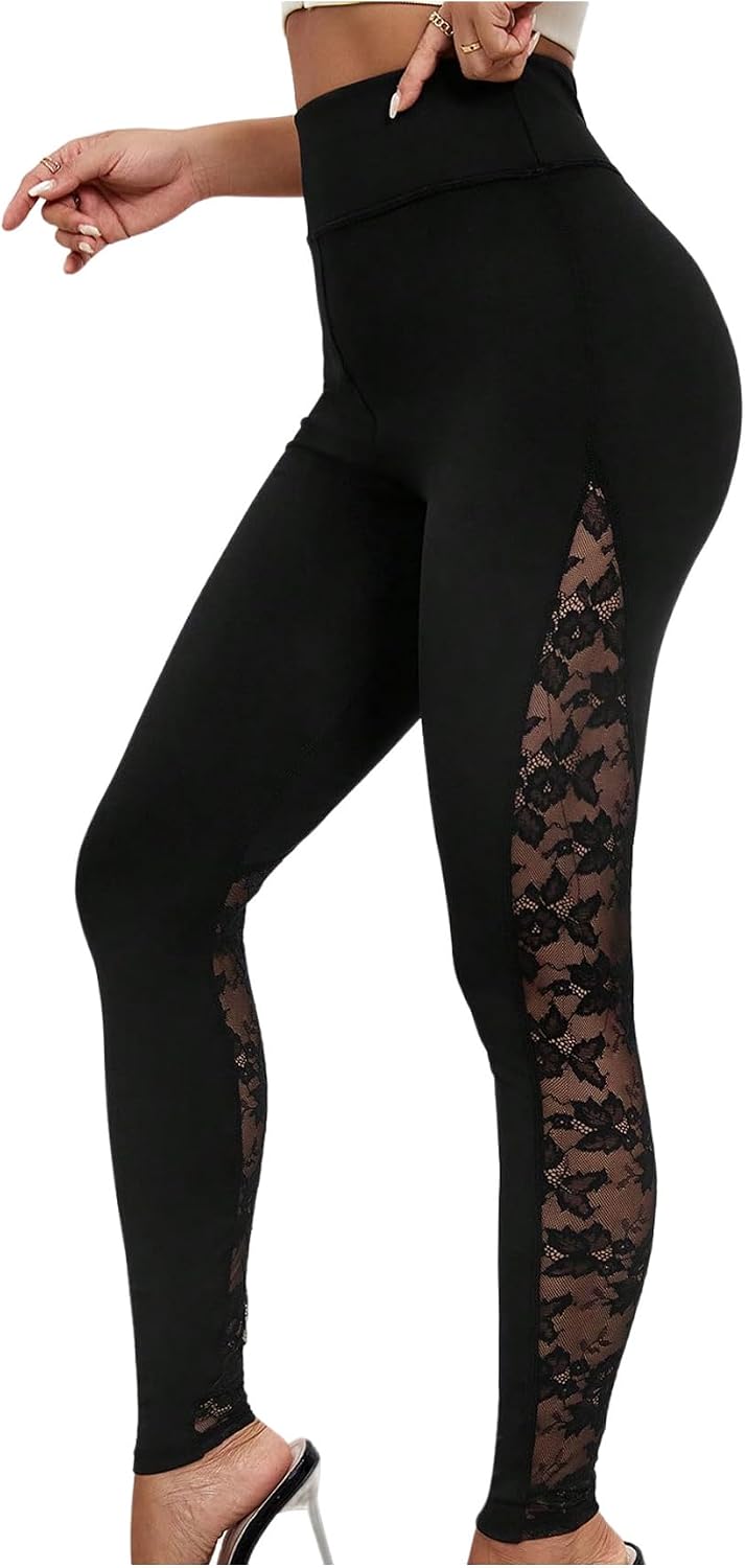 RoseSeek Women's Floral Lace High Waited Leggings See Through Club Outfits | Sexy Leggings for Women, Tummy Control, Skinny, Lace Pants, Concert Outfits Women