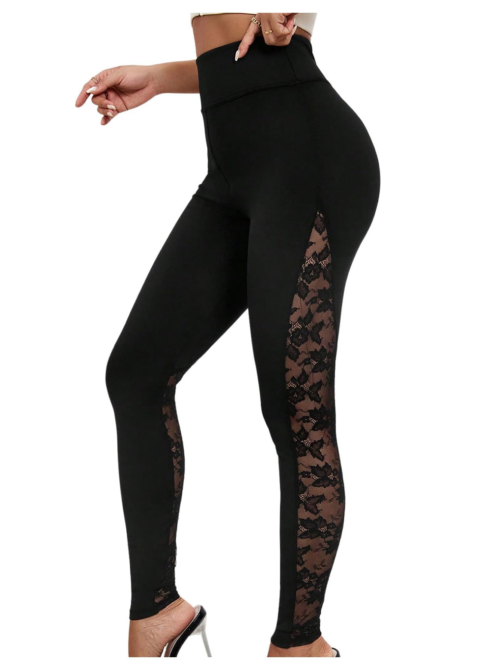RoseSeek Women's Floral Lace High Waited Leggings See Through Club Outfits | Sexy Leggings for Women, Tummy Control, Skinny, Lace Pants, Concert Outfits Women