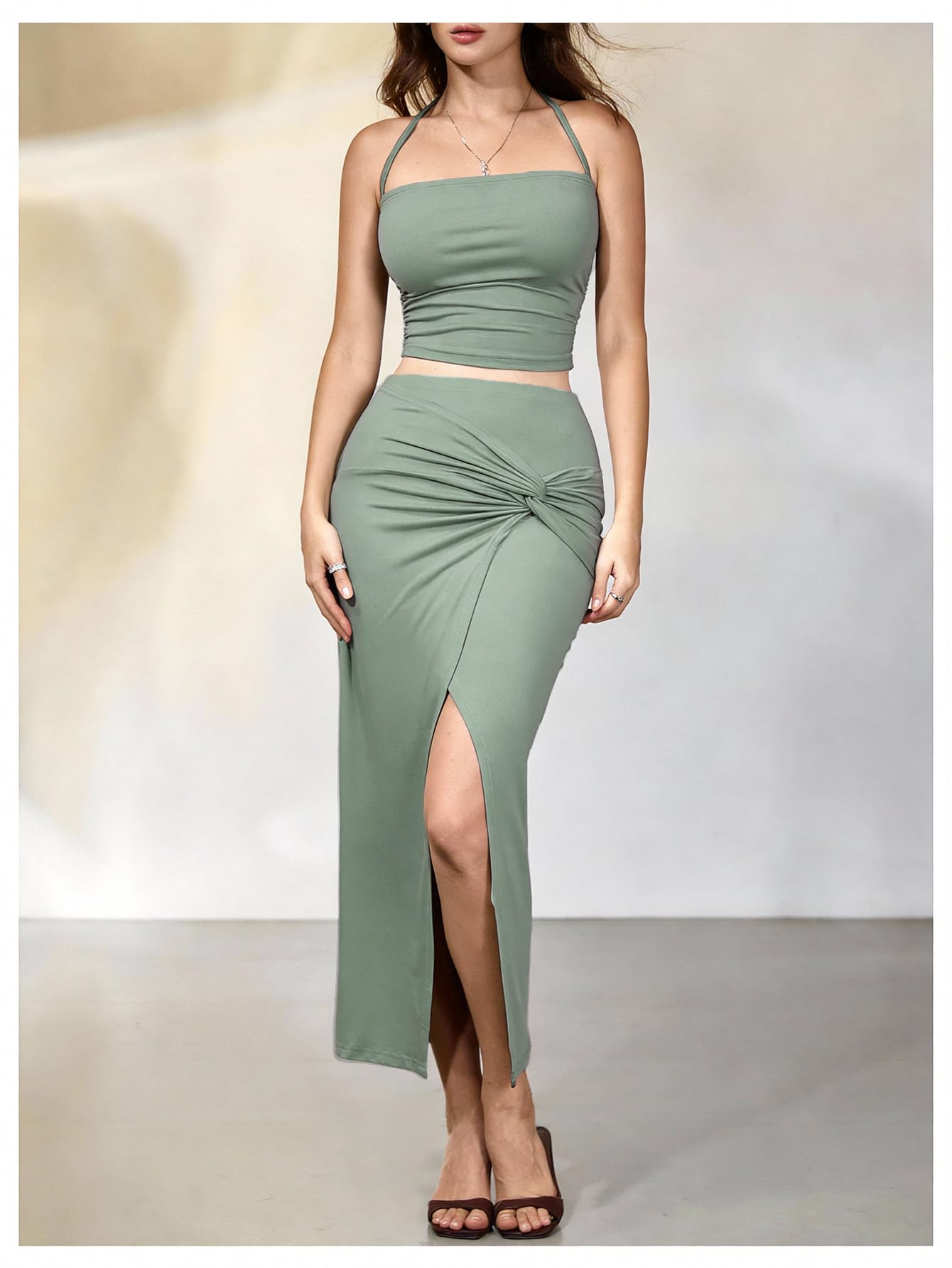 Verdusa Women's 2 Piece Set Summer Vacation Outfits Going Out Matching Set | Ruched Crop Halter Top, Asymmetrical Slit Long Skirt, Two Piece Skirt Set for Women, Summer Sets