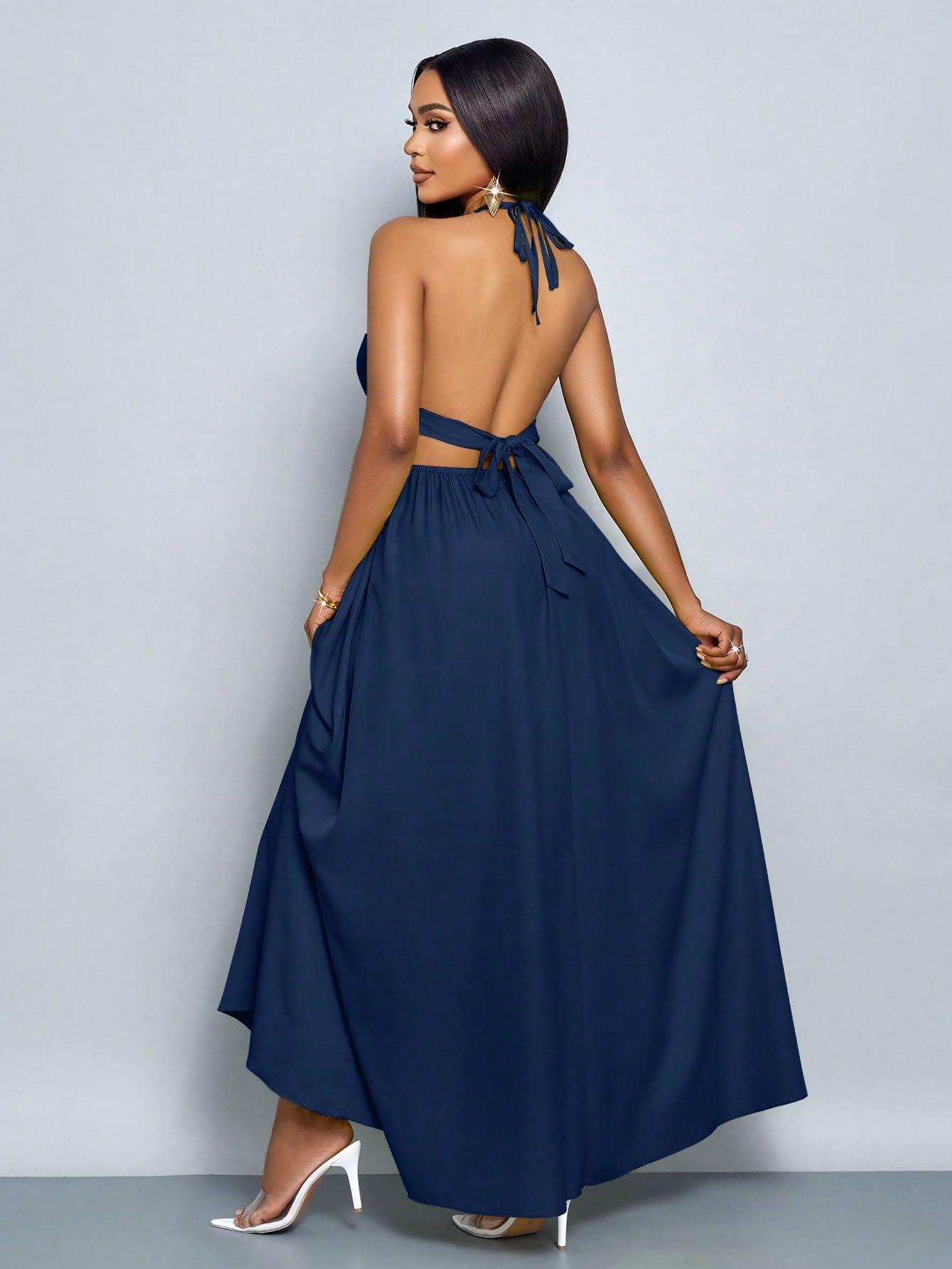 SKAYS Women's Summer Backless Tie-Waist Dress Solid Color Sexy V-Neck Beach Vacation Maxi Dress Formal Party Dress