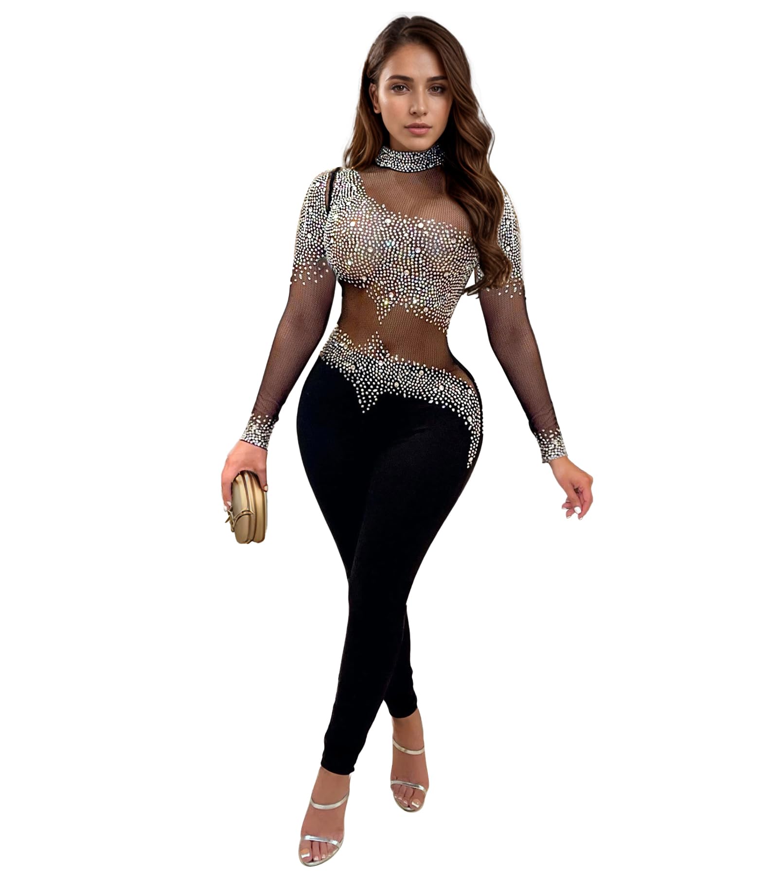PORRCEY Sexy Rhinestone Jumpsuit for Women Mesh See Through Romper Clubwear