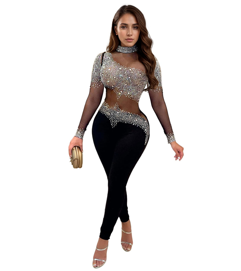 PORRCEY Sexy Rhinestone Jumpsuit for Women Mesh See Through Romper Clubwear