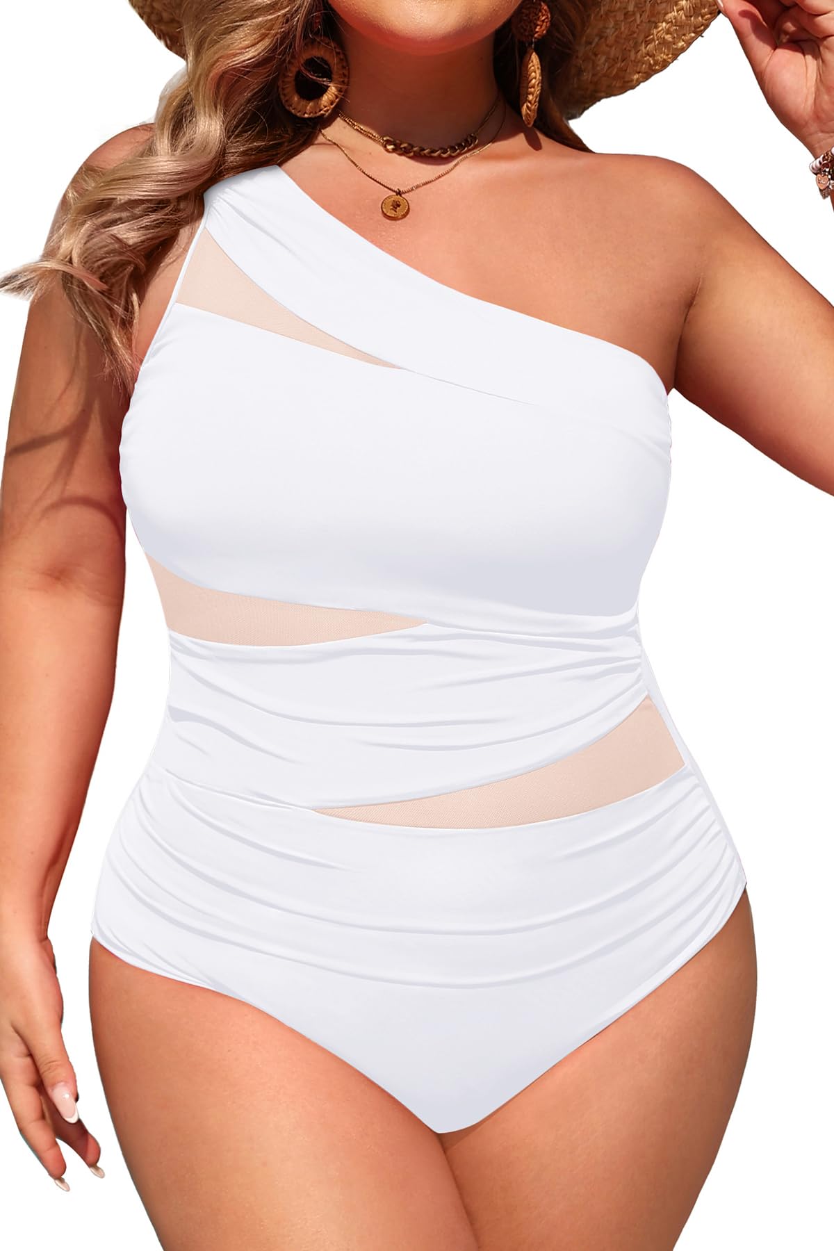 Plus Size One Piece Swimsuit for Women - One Shoulder Bathing Suit | Removable and Adjustable Strap, Detachable pads, Flatter midsection via front mesh, Drape diagonal folds to hide bulk