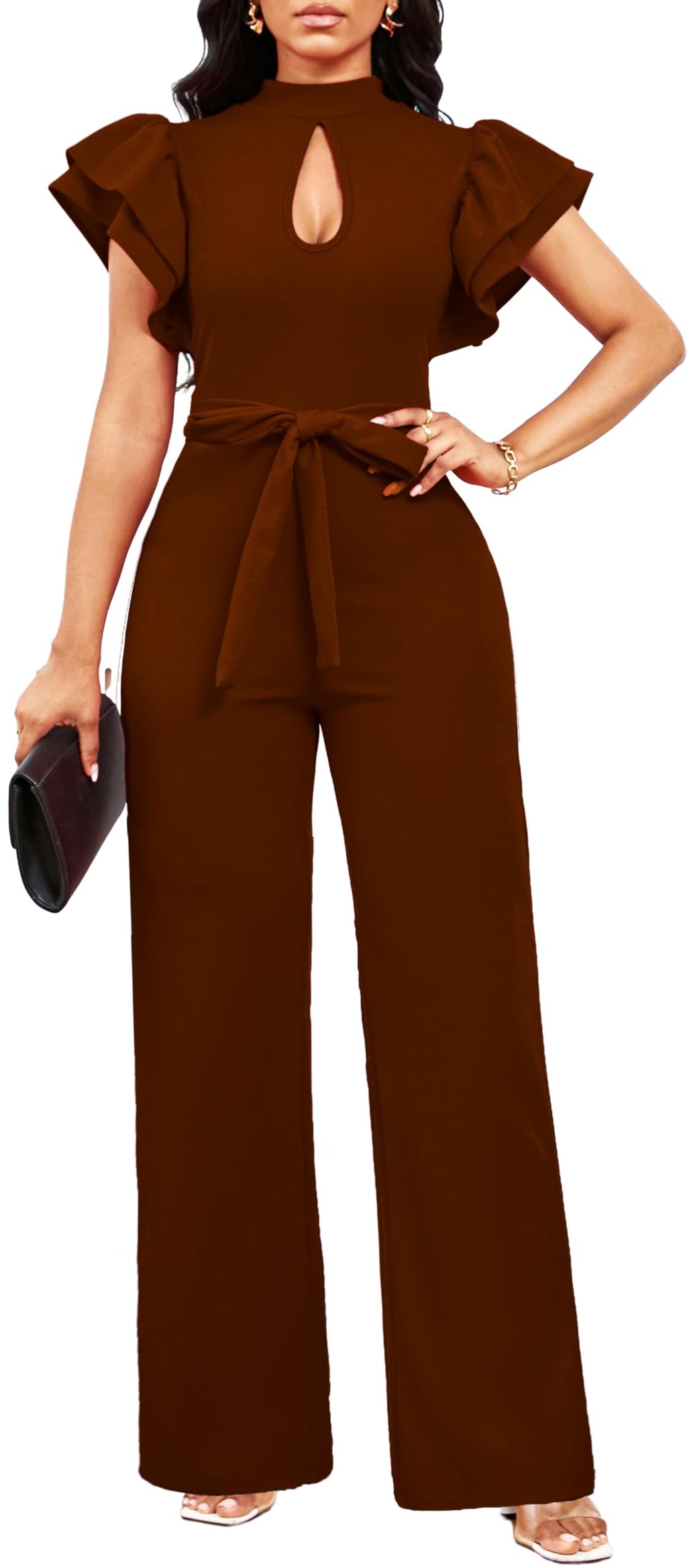 SxClub Jumpsuits for Women Dressy Formal Ruffle Long Straight Pants Jumpers | Women's Wedding Guest Jumpsuit Casual Ruffles Cap Short Sleeve Wide Leg Pants Club Outfit