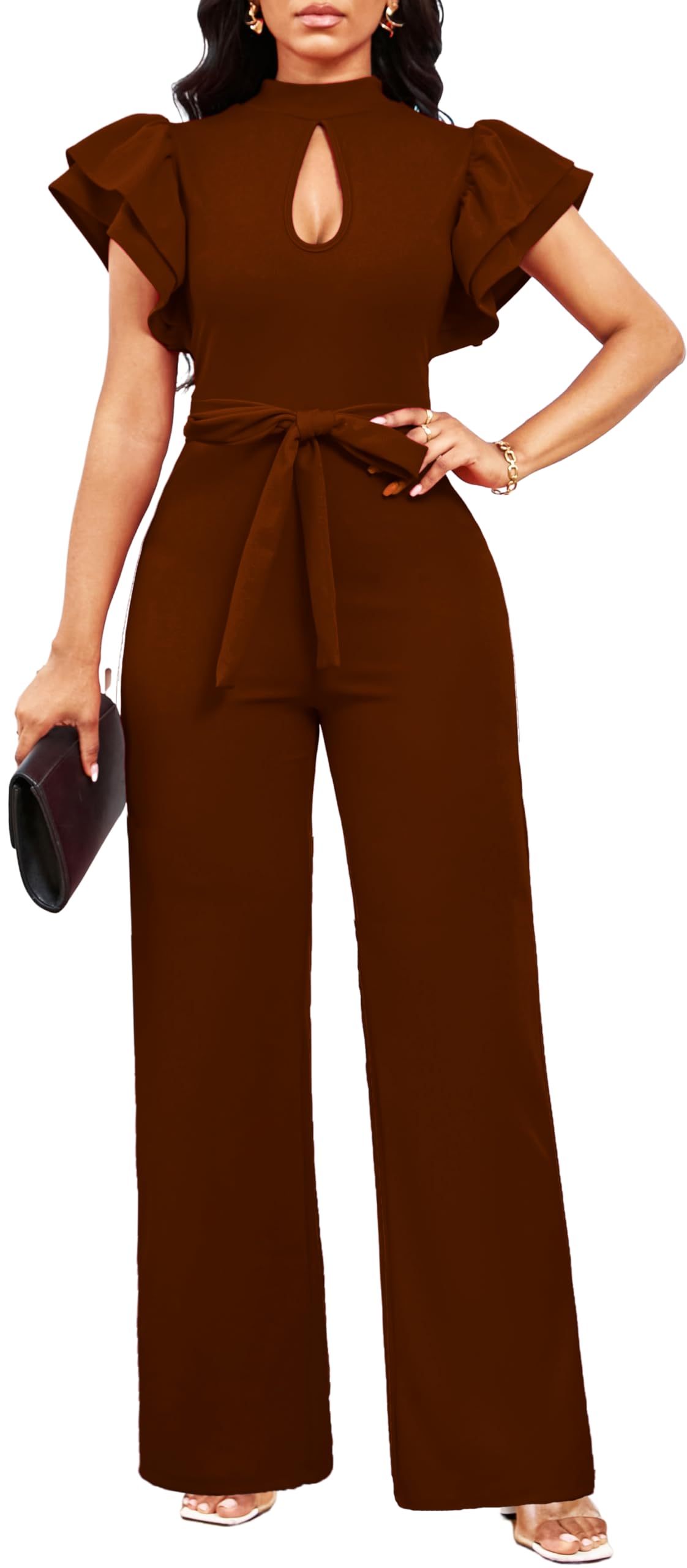 SxClub Jumpsuits for Women Dressy Formal Ruffle Long Straight Pants Jumpers | Women's Wedding Guest Jumpsuit Casual Ruffles Cap Short Sleeve Wide Leg Pants Club Outfit