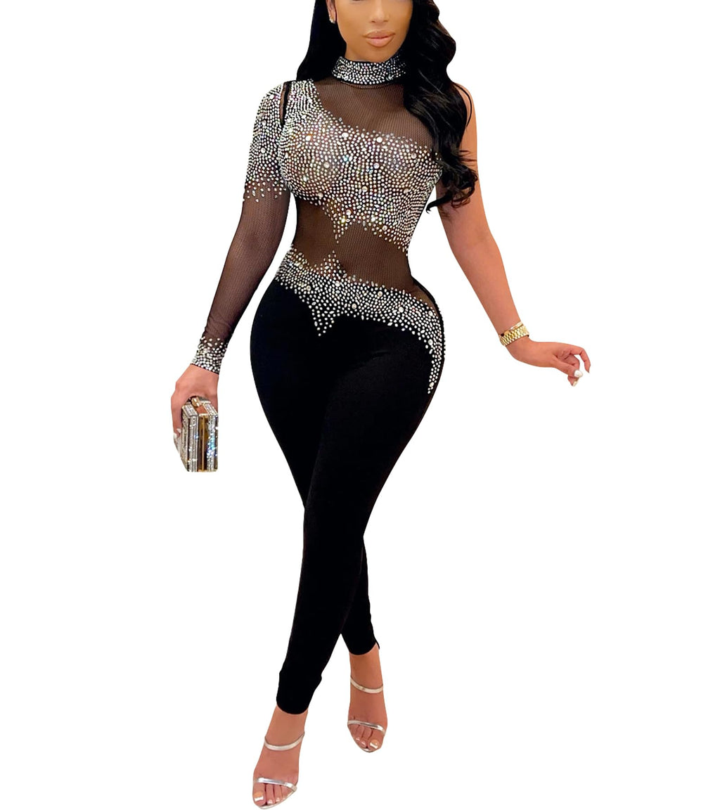 Nagfar Women Sexy Elegant Rhinestone Mesh See Through Bodycon Jumpsuits