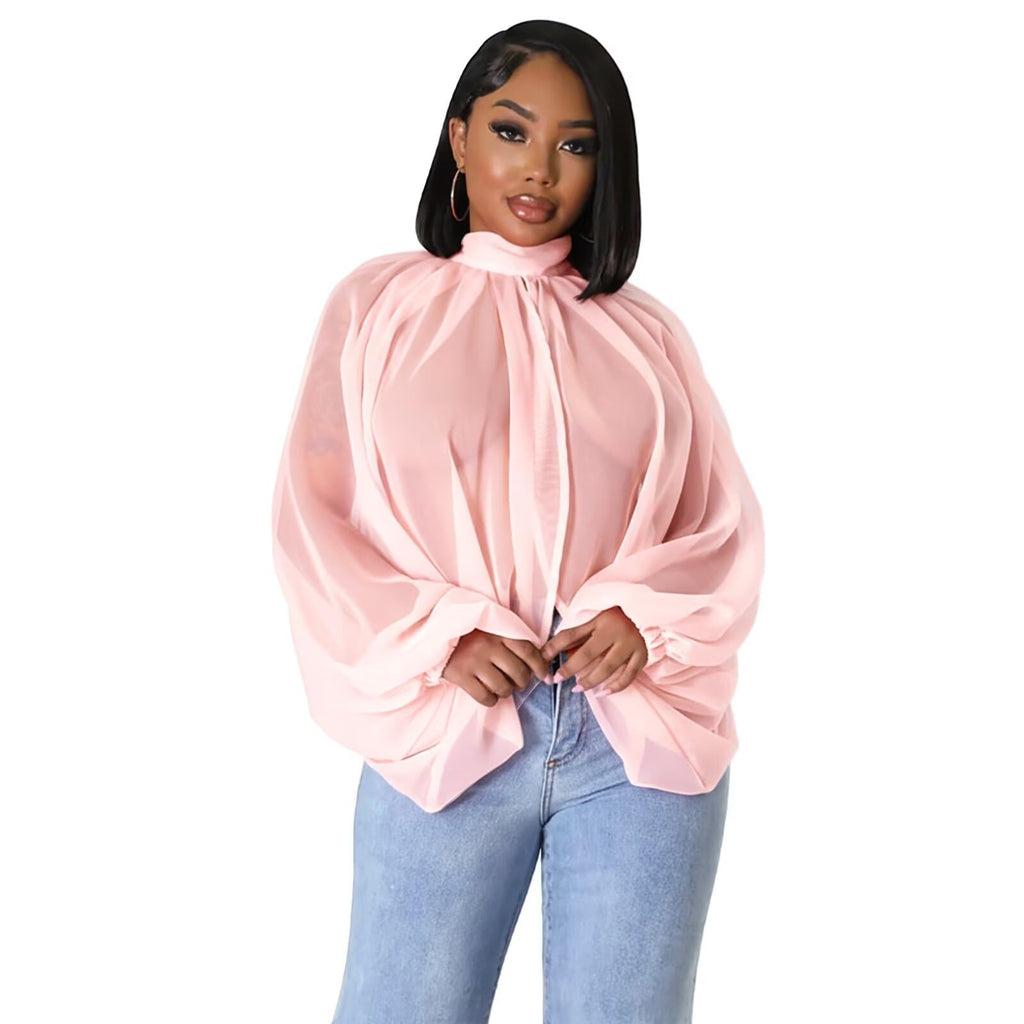 acelyn Women's Sexy See Through Chiffon Sheer Blouses Tops | Lantern Sleeve, Front Back Open, High Neck, Self Tie, Shawl Casual Shirts,Blouses Tops