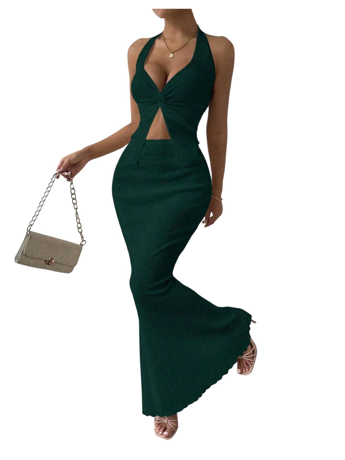 SOLY HUX Women's 2 Piece Outfit Twist Front Halter Cami Skirt Summer Set | Summer Vacation Outfits, Maxi Skirt Set